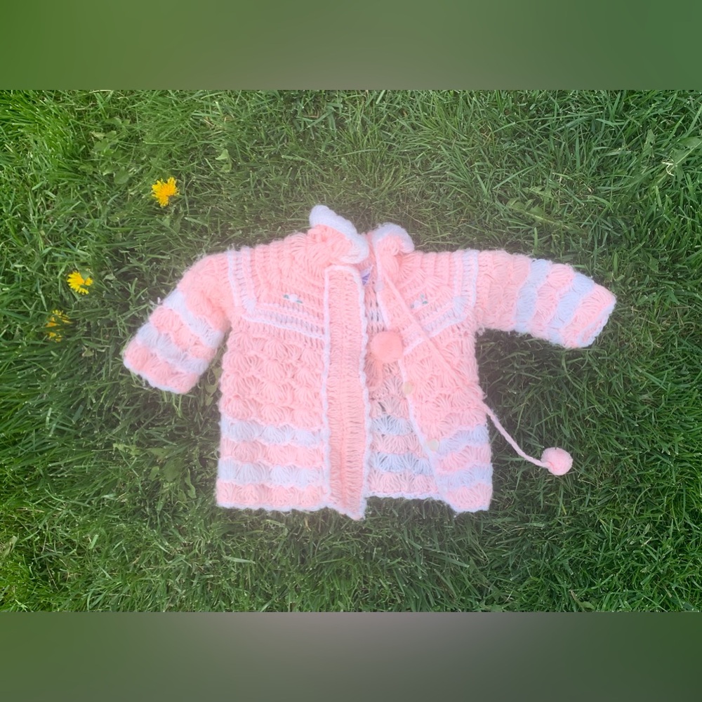 Vtg Bon Bon Pink Crochet Baby Girl Sweater Pom Poms Needs TLC Korea**
